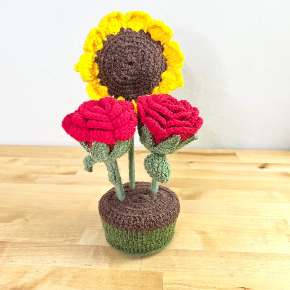 Handmade Crochet Sunflower and Red Roses Potted Plant Decor Floral Cottagecore